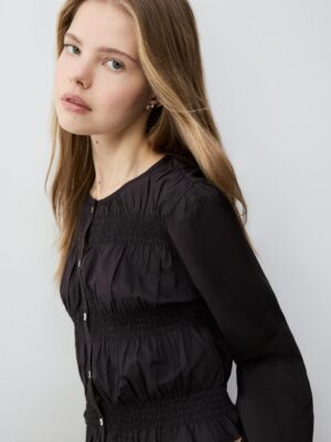 Onyx Zenith Architectural Smocked Cotton Shirt