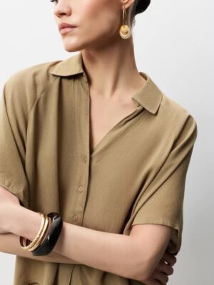 Khaki Zenith Architectural V-Neck Viscose Shirt