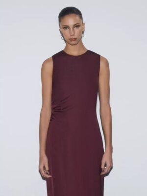Burgundy Zenith Architectural Textured Split Midi Dress