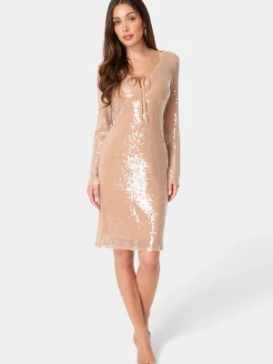 Black Sequin Tie Front Midi Dress for Women, Scoop Neck Long Sleeve Party & Clubwear, 100% Polyester Lined