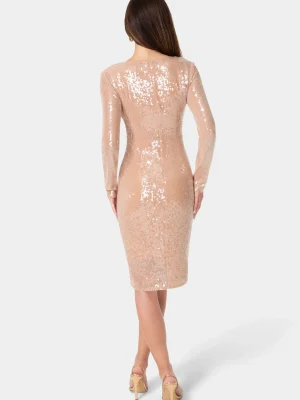 Black Sequin Tie Front Midi Dress for Women, Scoop Neck Long Sleeve Party & Clubwear, 100% Polyester Lined
